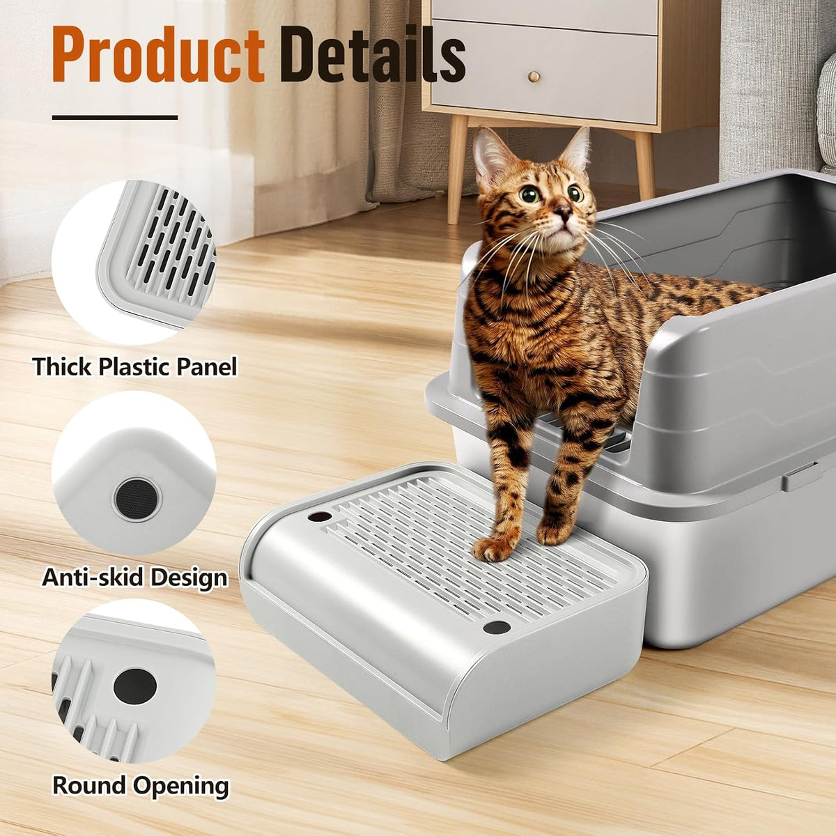 Cat Litter Box Step, Large Cat Litter Ramp with Filter Function - Light Grey Raised - image 4