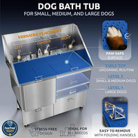 KANIS Professional Dog Washing Station - 304 Stainless Steel Pet Wash Sink & Grooming Bath Tub for Home with Ramp, Shower, Floor Grate, Storage Drawers, and Faucet for Large, Medium & Small Pets