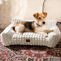 Cat Couch Bed with Fluffy Faux Rabbit Fur for Indoor Cats - Off White / Medium: 30"L x 20"W x 10"Th