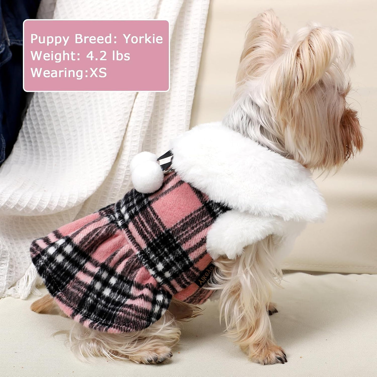 Dog Sweater with Leash Set D Ring Plaid Fleece Dog Clothes for Small - XX-Small (Chest 11in ) / Pink with Leash - image 4