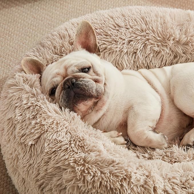 Love's Cabin Calming Dog & Cat Bed, Anti-Anxiety Donut Round for Indoor Cats, Small Medium Dogs, Fluffy Warming Pet Bed, Beige Taupe 20"/24"