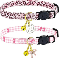 2 Pack Cotton Breakaway Cat Collars Set with Bell and Flower Pendant - pink leopard+bow