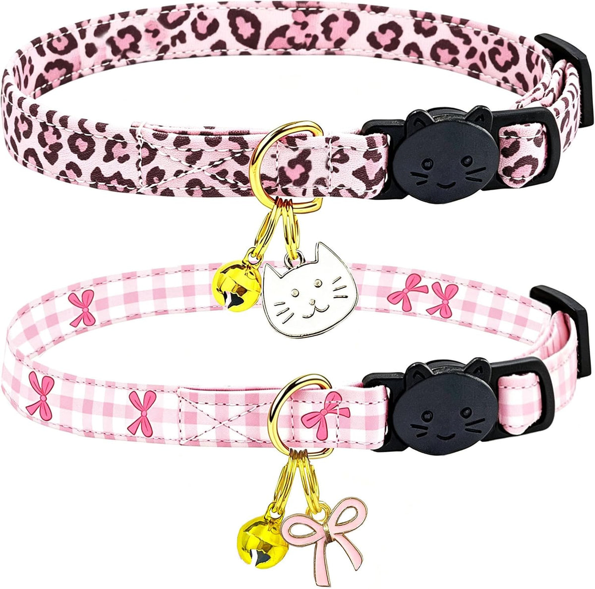 2 Pack Cotton Breakaway Cat Collars Set with Bell and Flower Pendant - pink leopard+bow