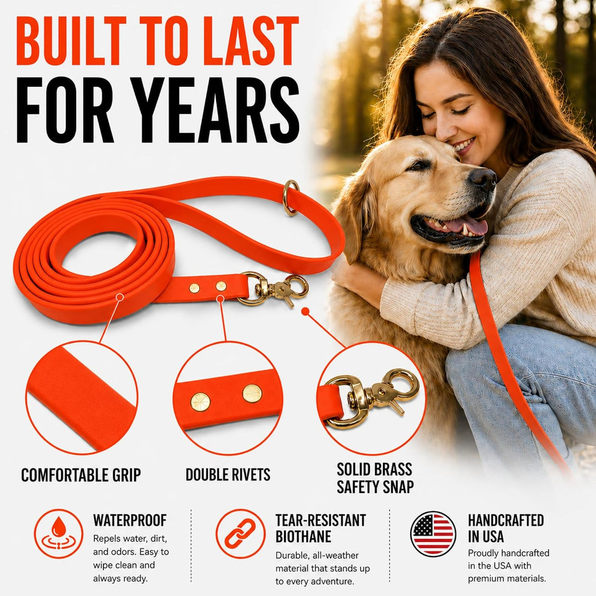 Biothane Leash, Brass, 6 ft x 5/8, Black – Essentials for Dogs - 3/4 / Orange - image 4