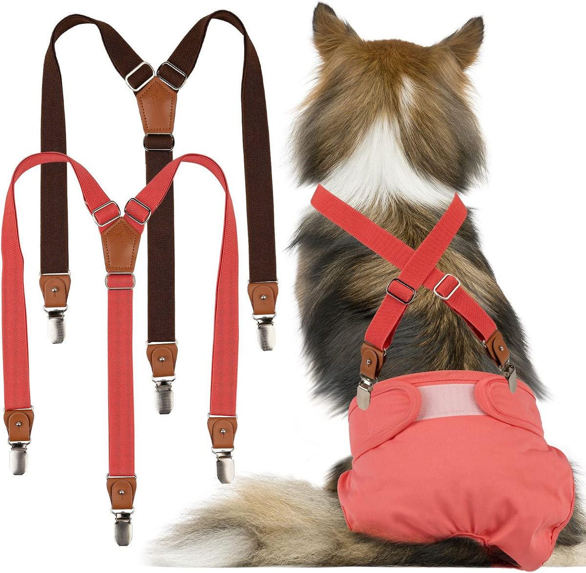 Pet Soft Dog Suspenders 2 Pieces Female Dog Diaper Suspenders - Brown & Red / M/L