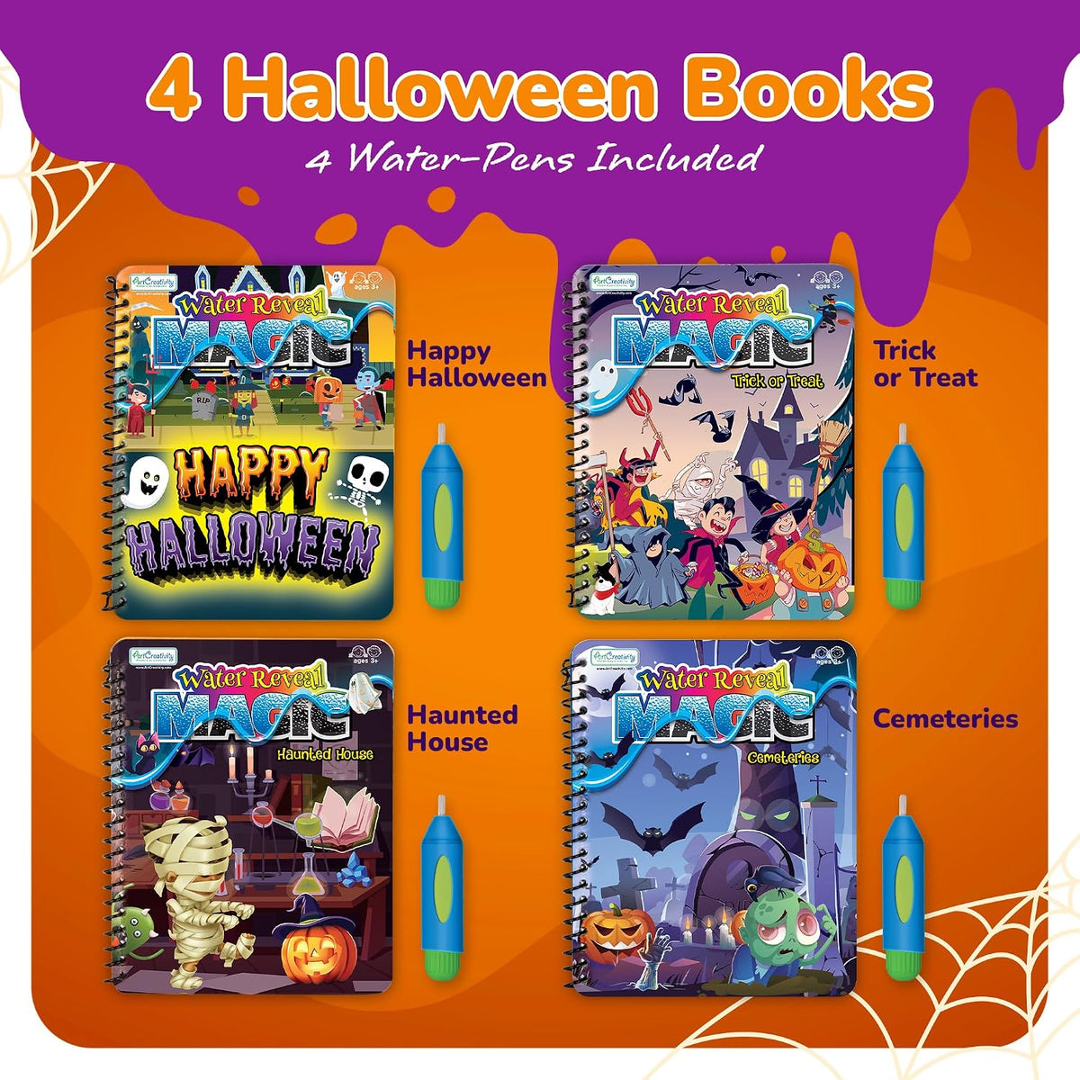 ArtCreativity Halloween water coloring books 4 pack with pumpkins, ghosts and bats and water pens - view 2