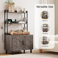 55 Inches Cat Litter Box Enclosure, Hidden Litter Box Furniture with 2 Storage Shelves and Charging Sockets, Wooden Cat House, Large Indoor Cabinet for Living Room & Entryway, Grey
