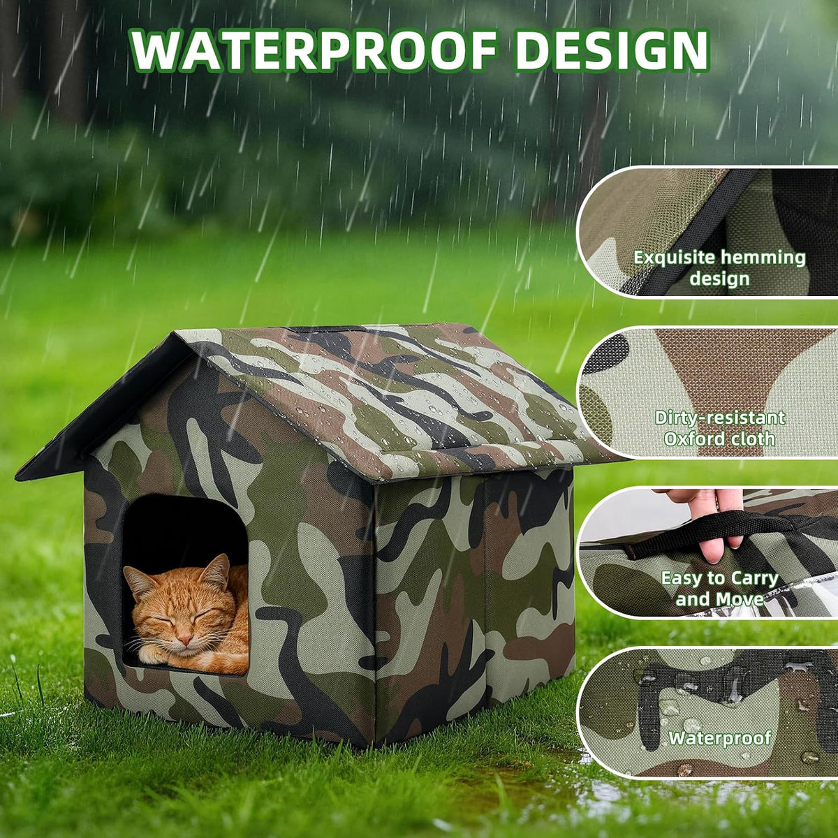 Outdoor Cat House Weatherproof, Large Feral Cat House for Winter - Camouflage / 14.17" x 13.78" x 15.35" - image 3