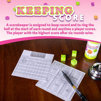 Continuum Games Retro Bunco game kit with colored dice, dice cups, silver bell and score pad - view 5