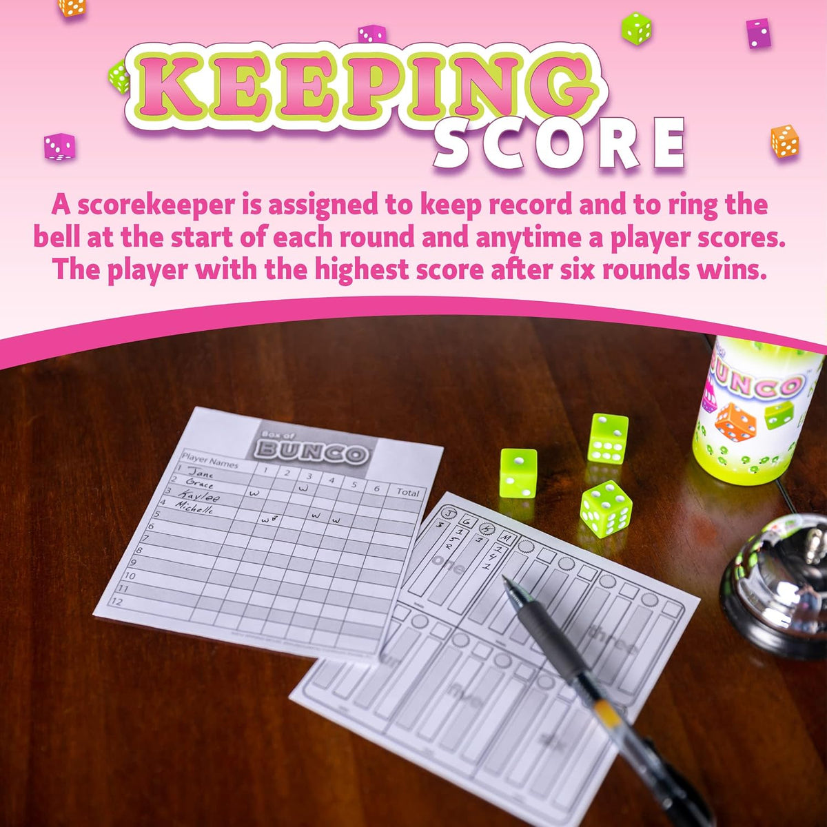 Continuum Games Retro Bunco game kit with colored dice, dice cups, silver bell and score pad - view 5