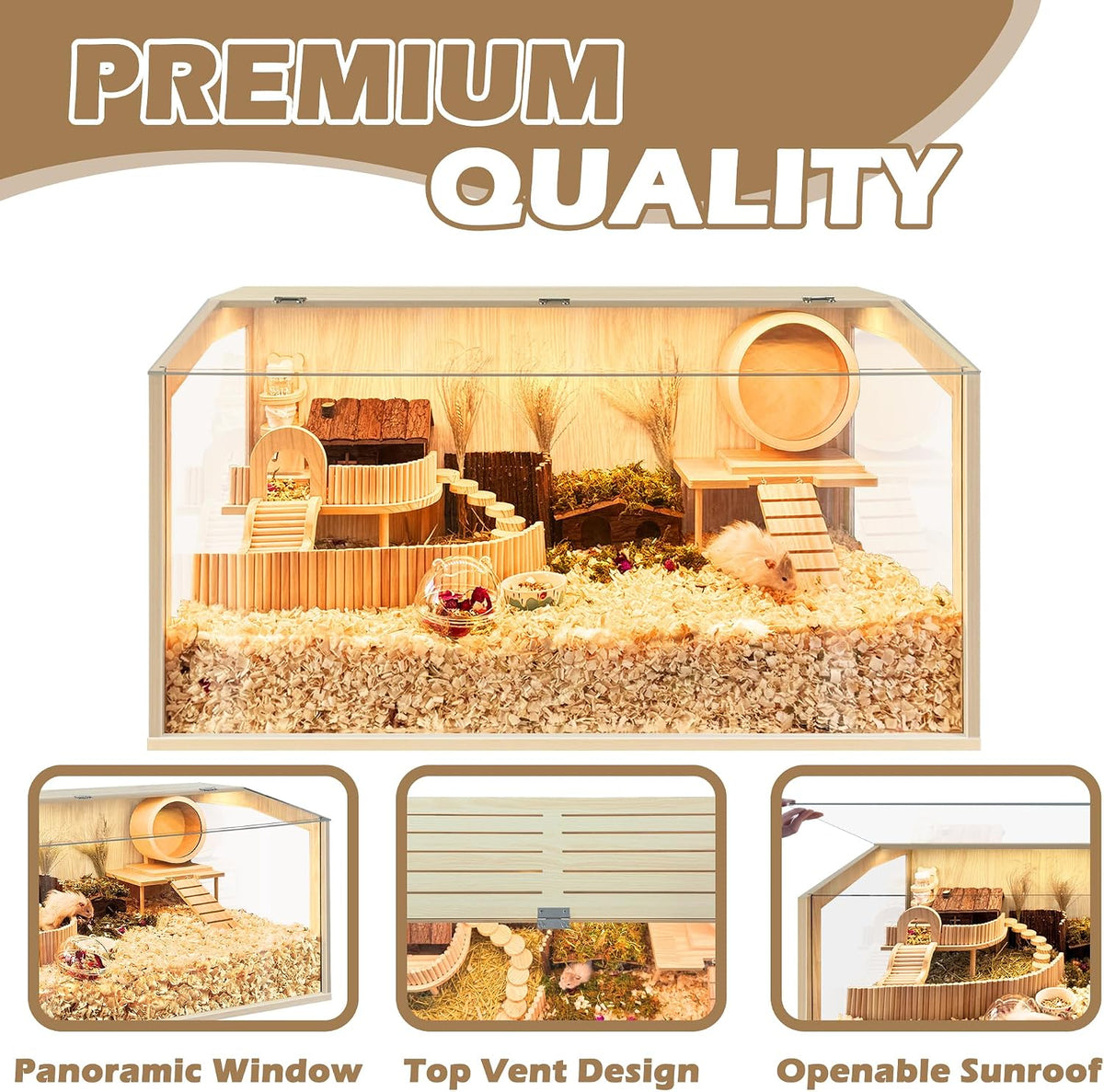 Hamster Cage Chewproof, Large Hamster Cages and Habitats - Natural Oak Wood / 32.0"L x 16.0"W x 16.0"H / Openable Window Roof - image 4