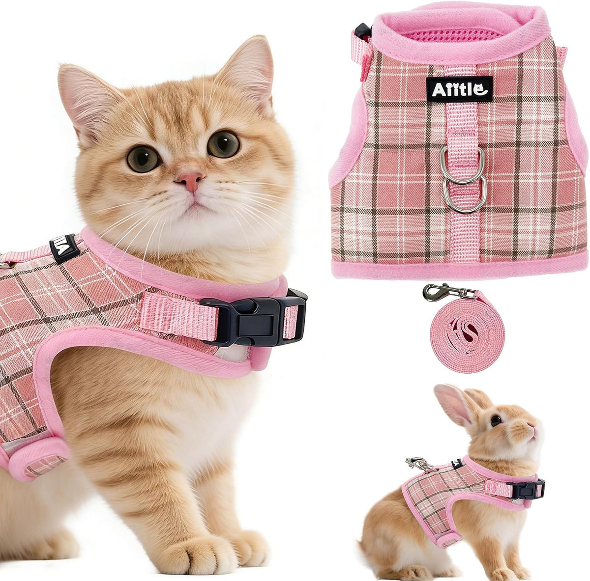 Plaid Breathable Rabbit Harness and Leash Set Escape Proof - Pink / L