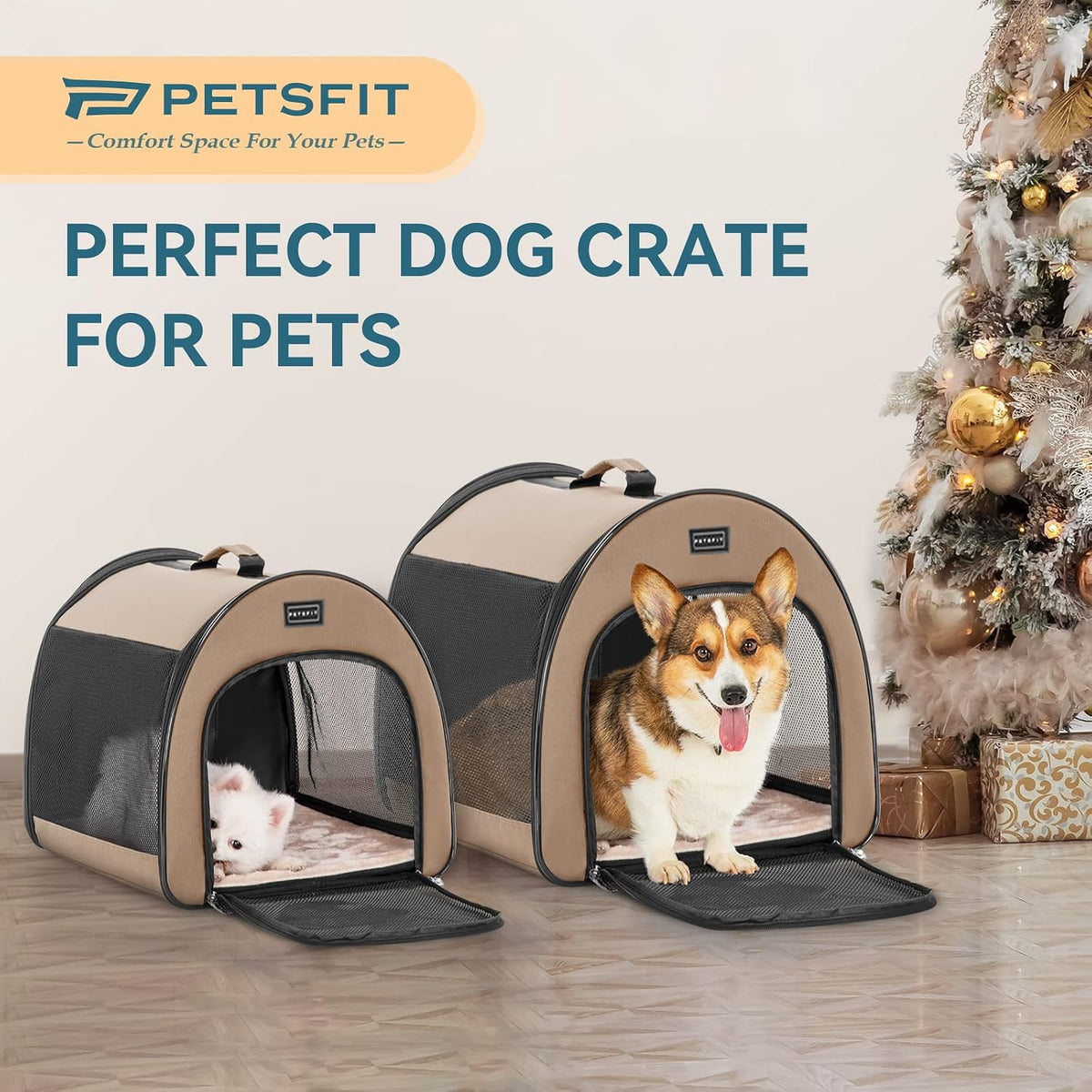 PETSFIT Portable Dog Crate, Travel Dog Crate, Roomy - Khaki / 20.0"L x 20.0"W x 26.5"H - image 2