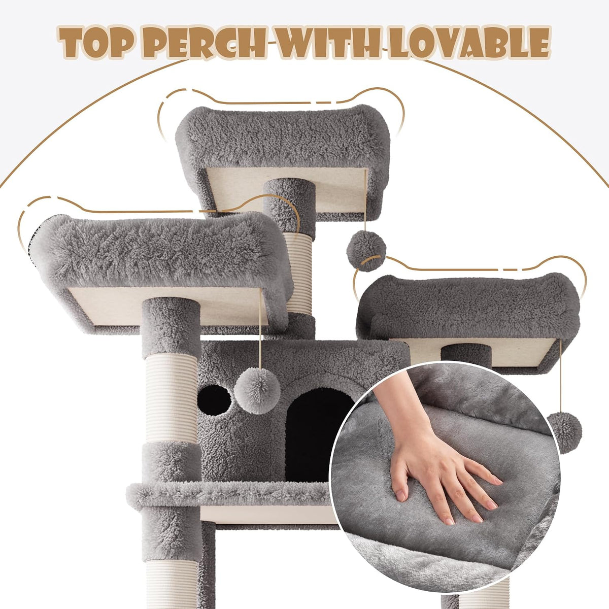 SHA CERLIN 68 Inches Multi-Level Large Cat Tree for Large Kitties/Big - 81in / Grey - image 4