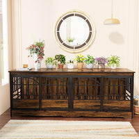 COZPAW 86 Inch Double Dog Crate Furniture for 2 Large Dogs, Decorative Dog Kennel Indoor TV Stand, Heavy Duty Wooden Dog Cage for Large Medium Dogs Sized Dog Pet House with Divider (Brown)