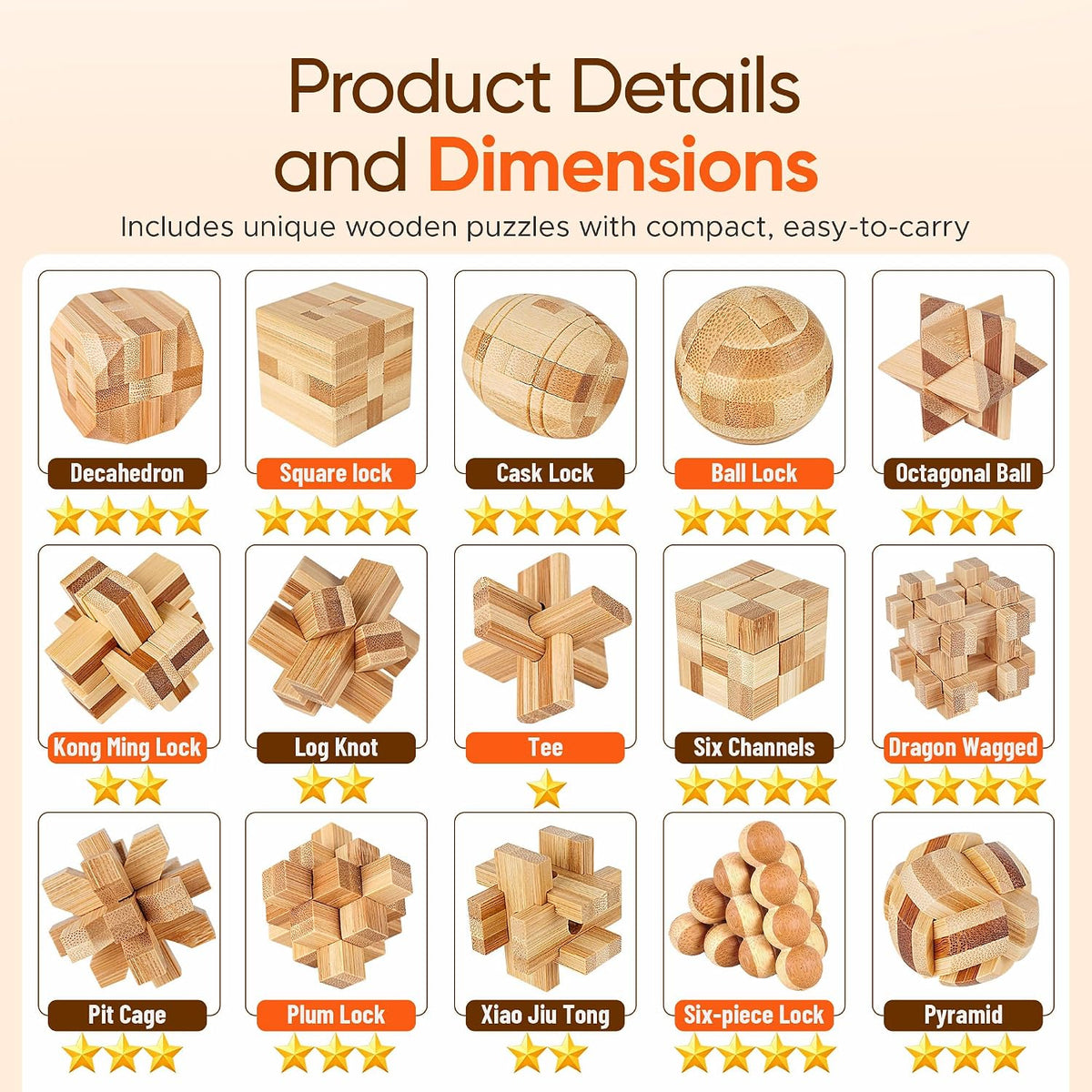 Tuauoe wooden brain teaser puzzles, 12 natural wood Kongming locks - view 8