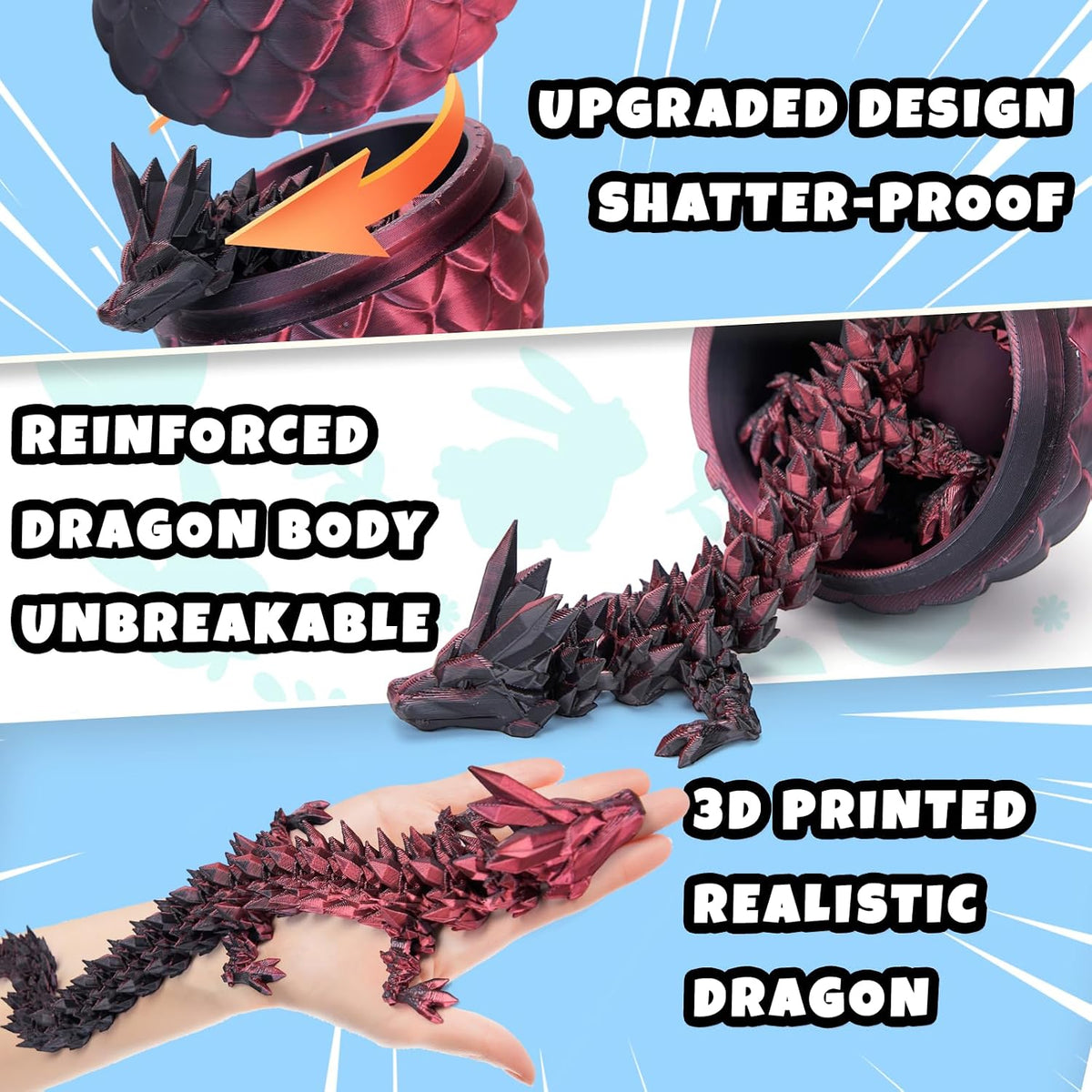 3D Printed Dragon Egg, Mystery Articulated Crystal Dragon Egg Fidget Toys, 3D Print Surprise - Laser Black and Red - image 3