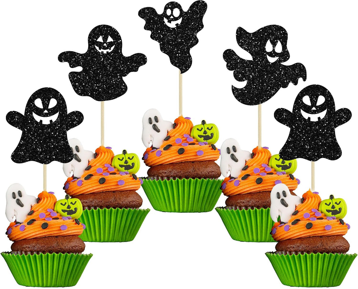 Gyufise black glitter Halloween happy birthday cake topper with half moon, house, pumpkin, ghost and bat
