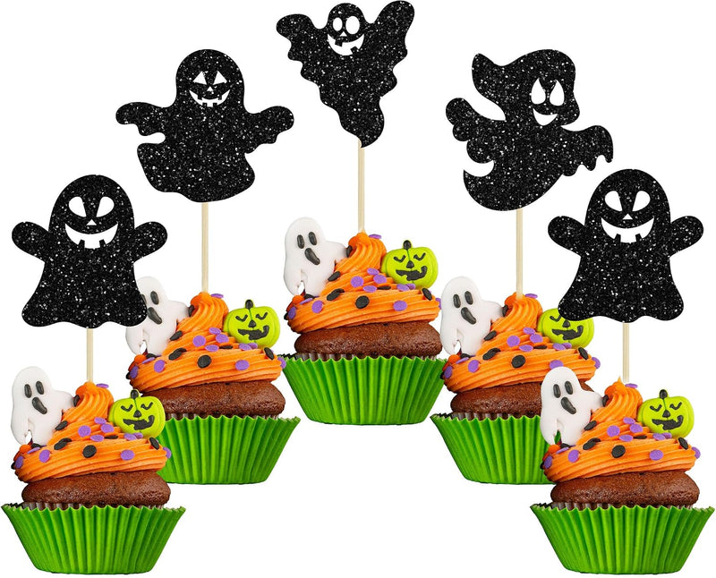 Gyufise black glitter Halloween happy birthday cake topper with half moon, house, pumpkin, ghost and bat