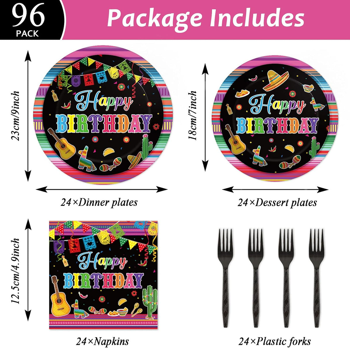 Tevxj navy blue and silver happy birthday tableware set with plates, napkins and forks for 24 - view 26