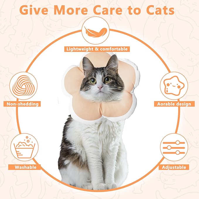 Cat Cone Collar Soft, Waterproof Cats Cones to Stop Licking After Surgery, Adjustable Soft Elizabeth Cats Collars for Wound Healing, Flower Shape Cat Recovery Collar (Pastel Orange, Medium)