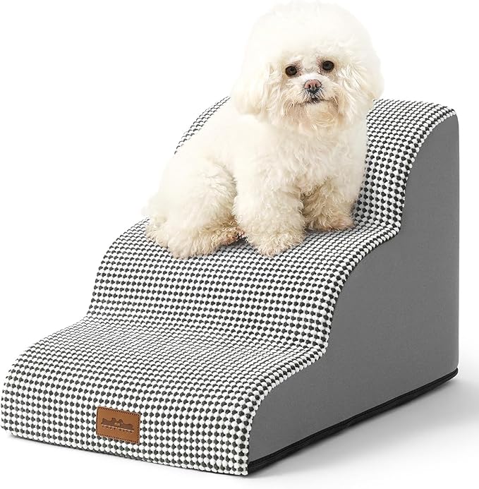 Dog Stairs for Small Dogs 15.7" H, Curved Dog Step for Puppy, Older Cat, Medium Pet Ramp for Sofa, Couch or Chair, Ladder with High Density Foam, 15.7x22.4x15.7 inch, 3 Step, White Black