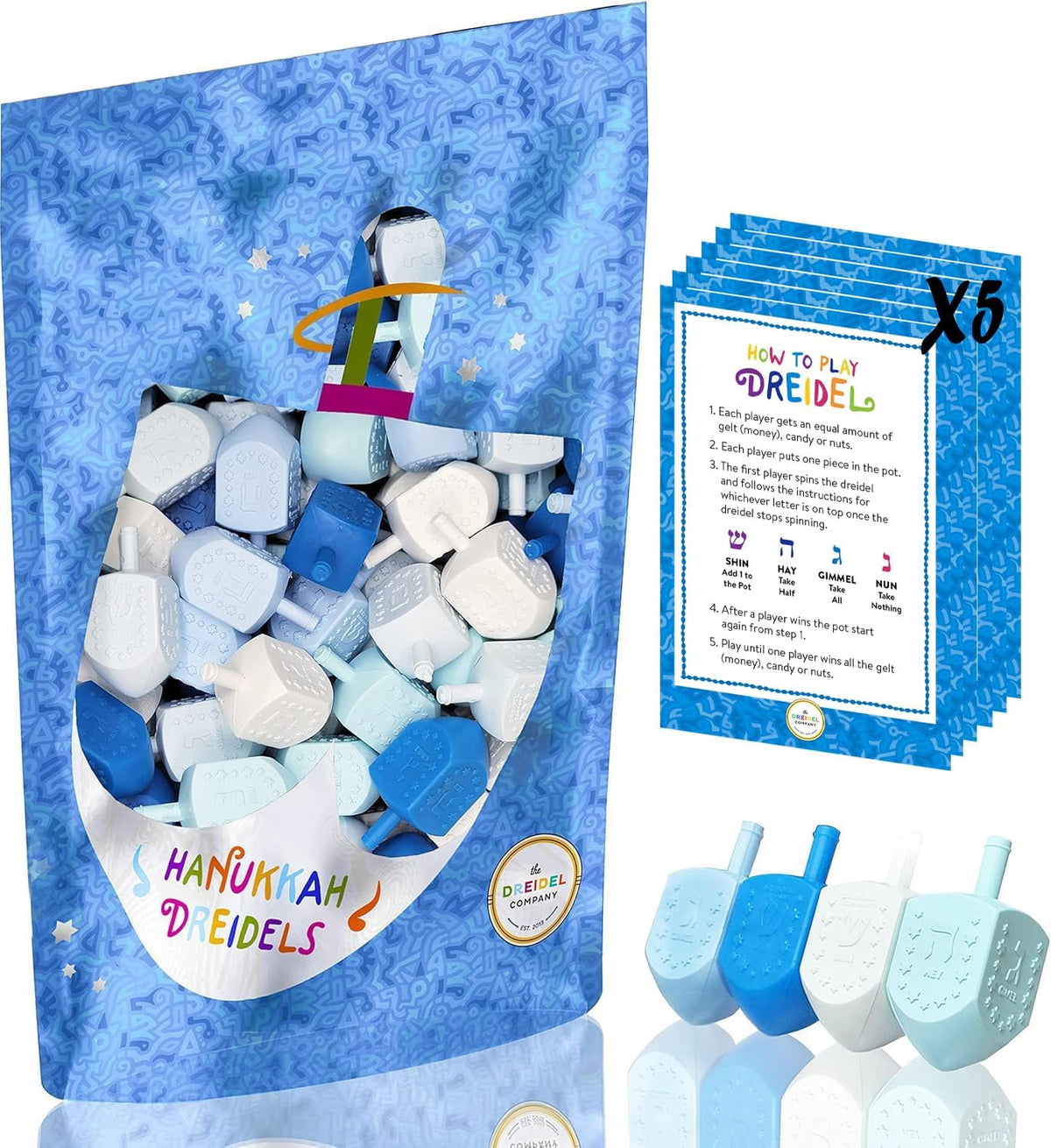 The Dreidel Company 25 pack Hanukkah dreidels in blue and white plastic with foil Hebrew letters