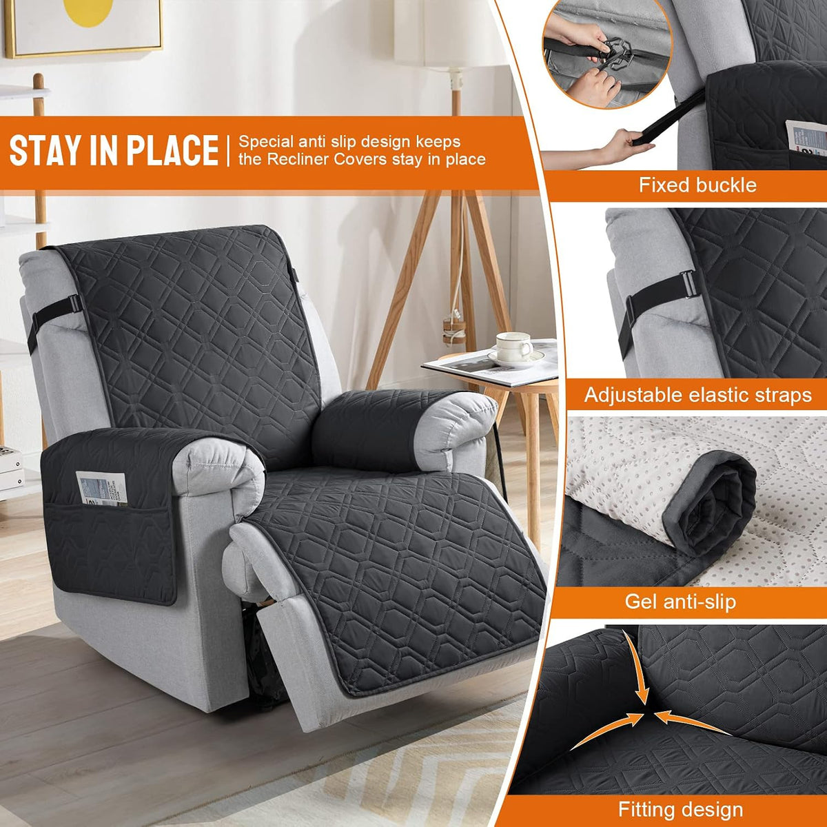 VANSOFY 100% Waterproof Recliner Chair Covers - Black / 22" - image 3