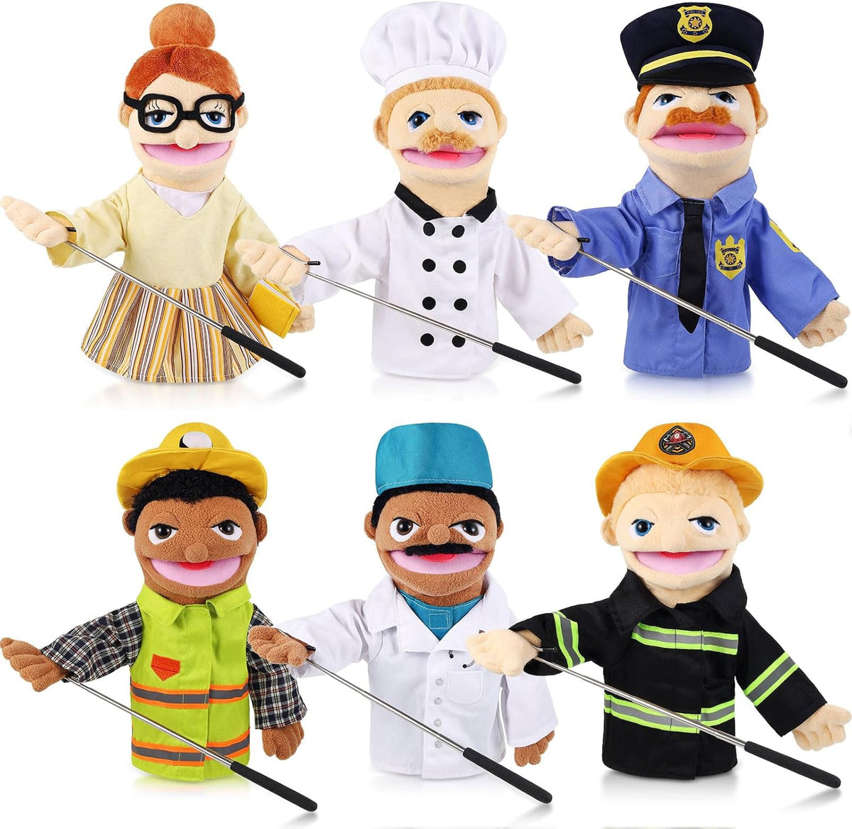 6 Pcs Family Hand Puppets 12 Inch Grandparents, Mom & Dad - Essential Workers