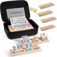 Mexican Train Dominoes Set with Numbers and 4 Wooden Trays/Racks - D15 Dot 8 Players