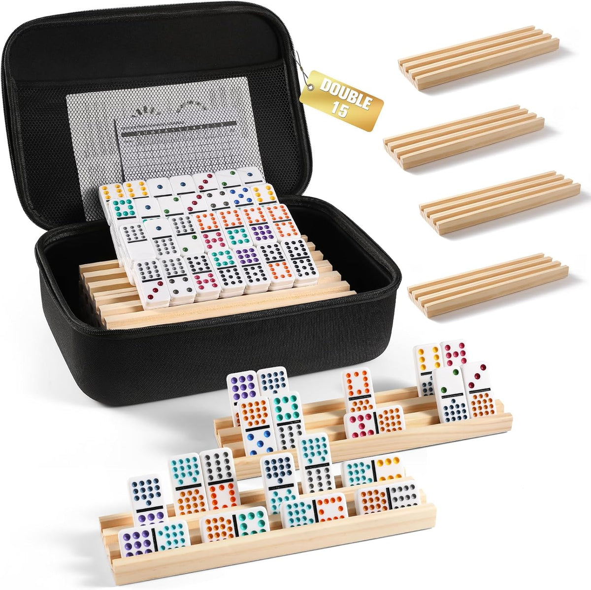 Mexican Train Dominoes Set with Numbers and 4 Wooden Trays/Racks - D15 Dot 8 Players