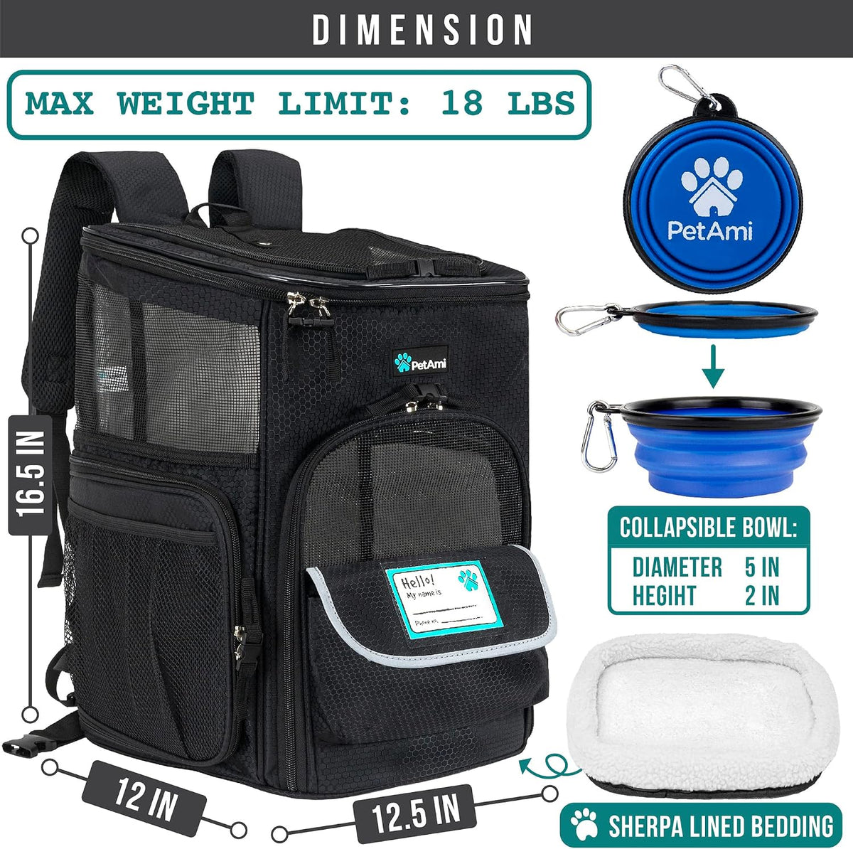 PetAmi Dog Backpack Carrier - Black / 12.5"L x 12.0"W x 16.5"H - image 2