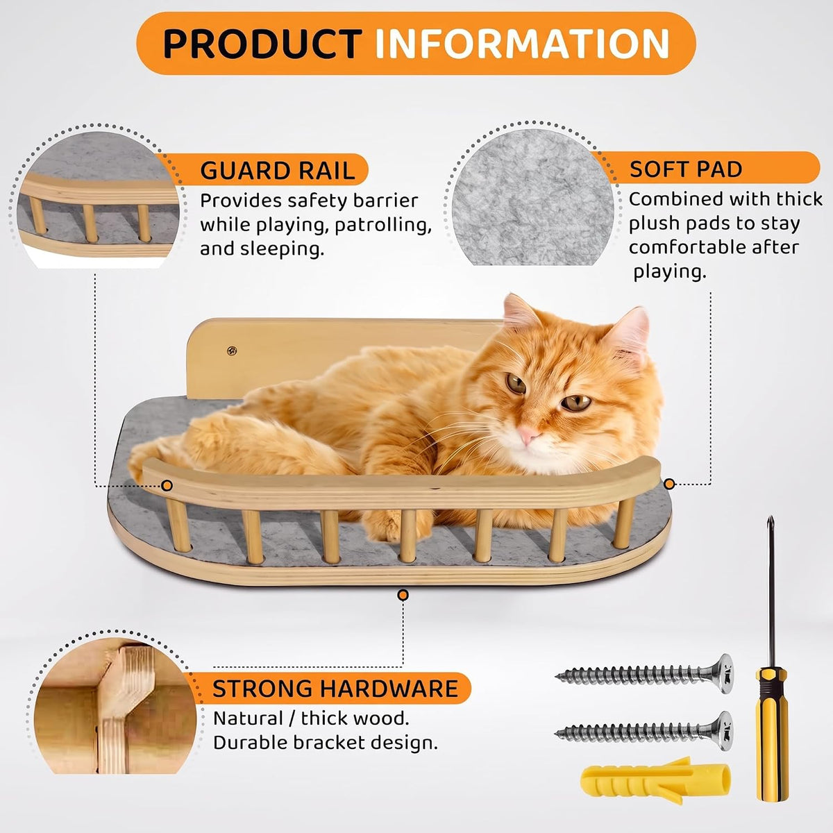 Cat Wall Shelves, Modern Cat Wall Furniture for Indoor Cats - Large / Natural Wood, 3 Steps + Perch - image 2
