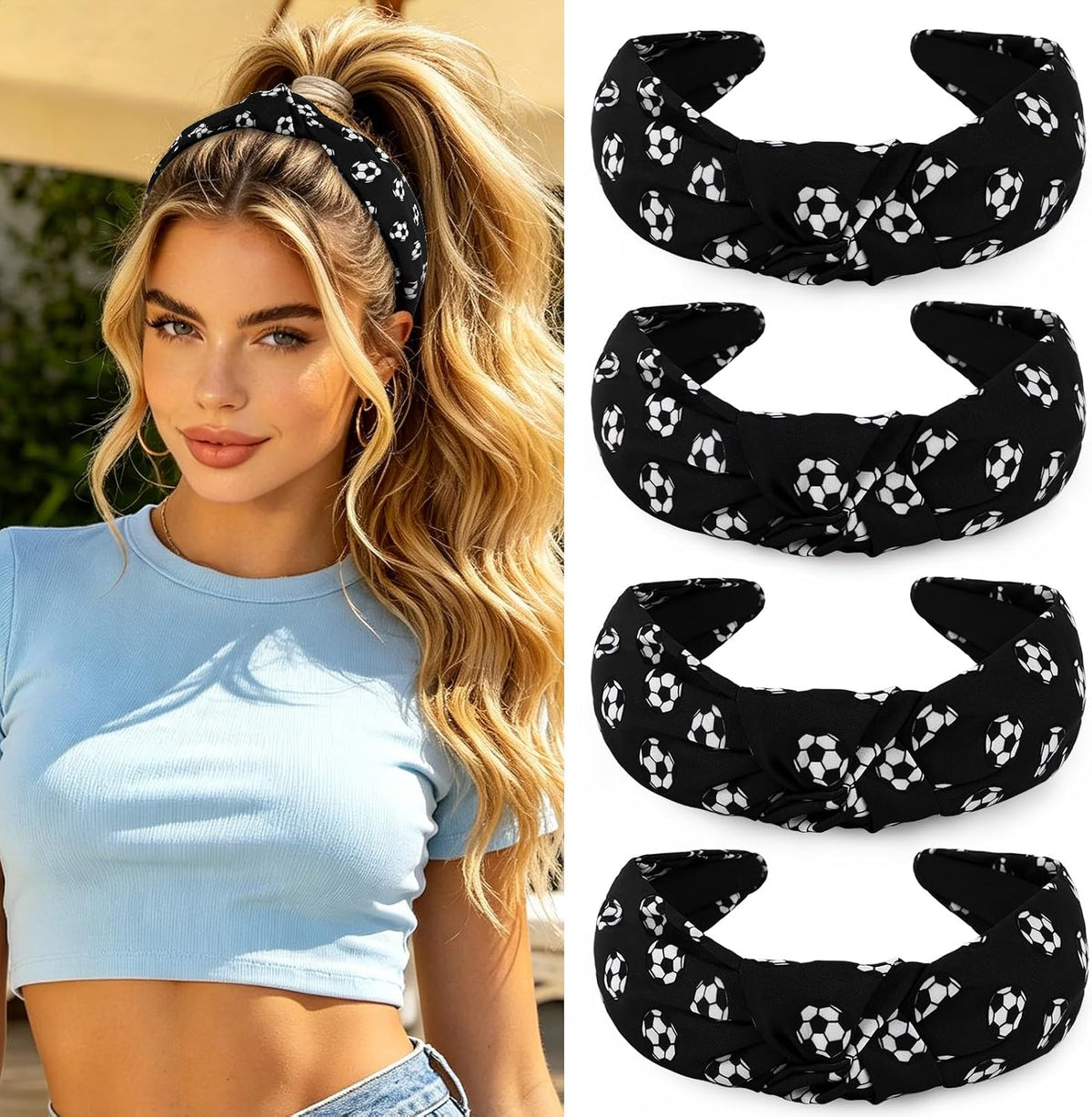 YISSION 4Pcs Wide Halloween Knotted Headbands Pumpkin Ghost Skull - Black Soccer Pattern