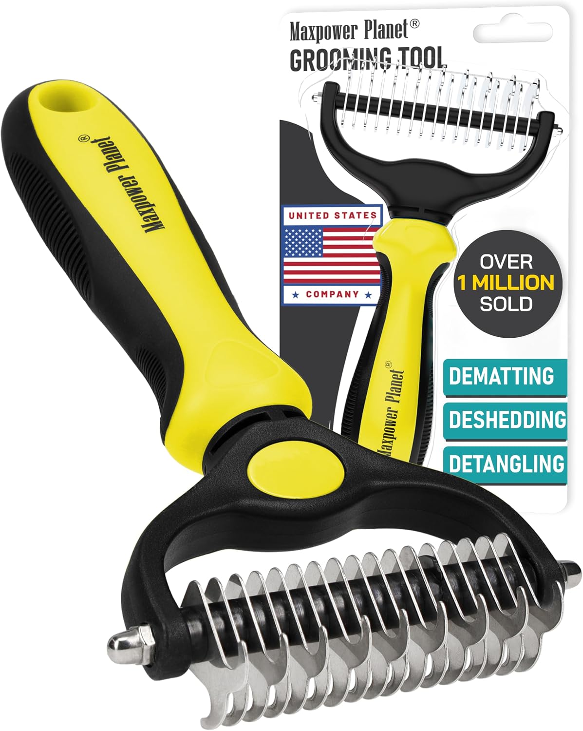 Maxpower Planet Dog Grooming Rake, Deshedding Undercoat Brush - Yellow / Large