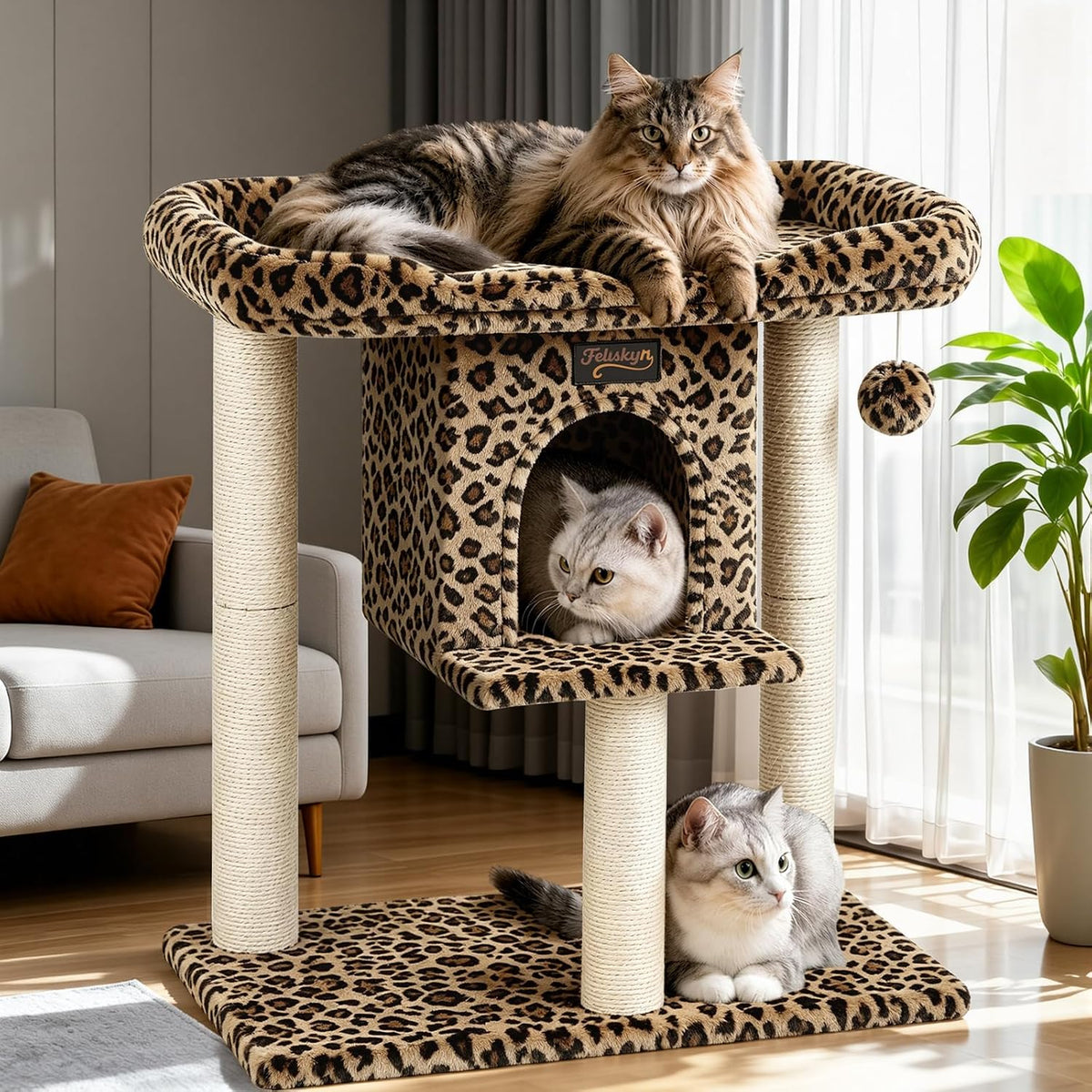 Cat Tree Tower Scratching Post for Indoor Large Adult Cats with Perch - Leopard Print / 28 Inches