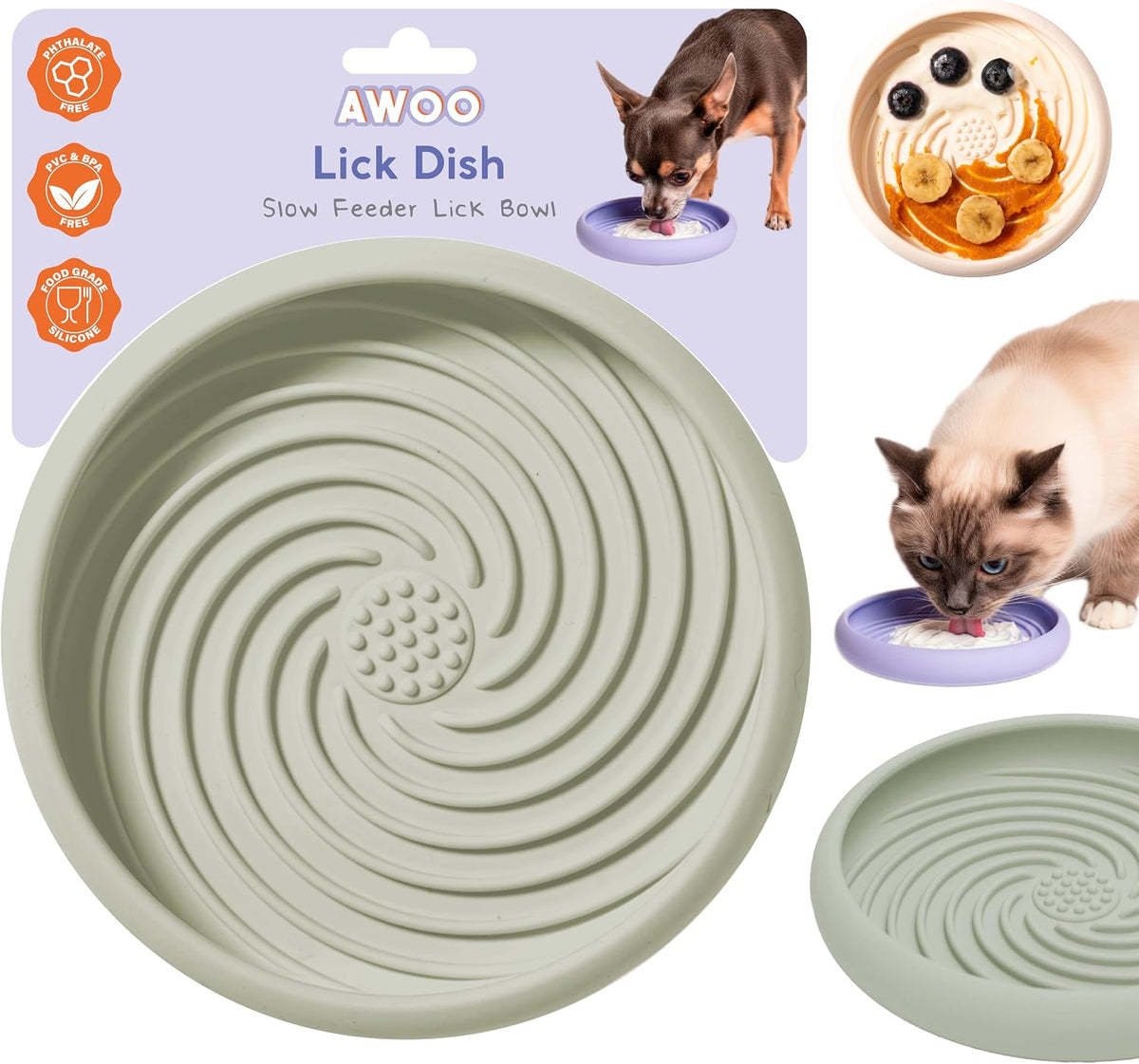 Lick Dish, Silicone Lick Mat + Slow Feeder for Cats & Small Dogs - Sage / Small
