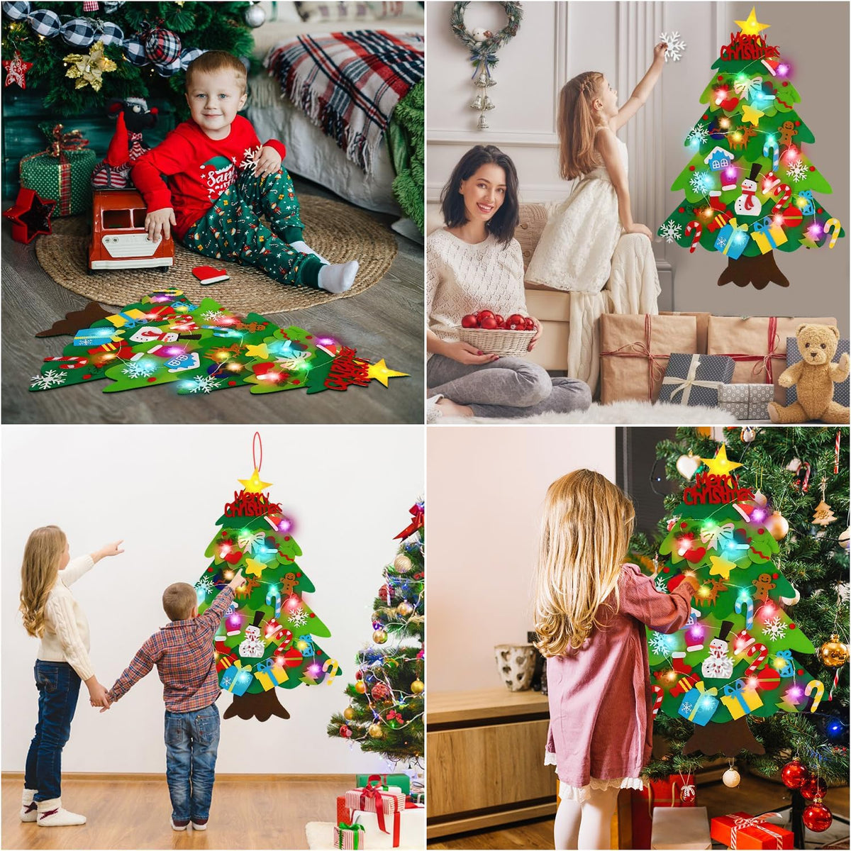 Felt Christmas Tree for Toddlers with Snowflake Light + 32 Ornament - B-Colorful Light - image 4