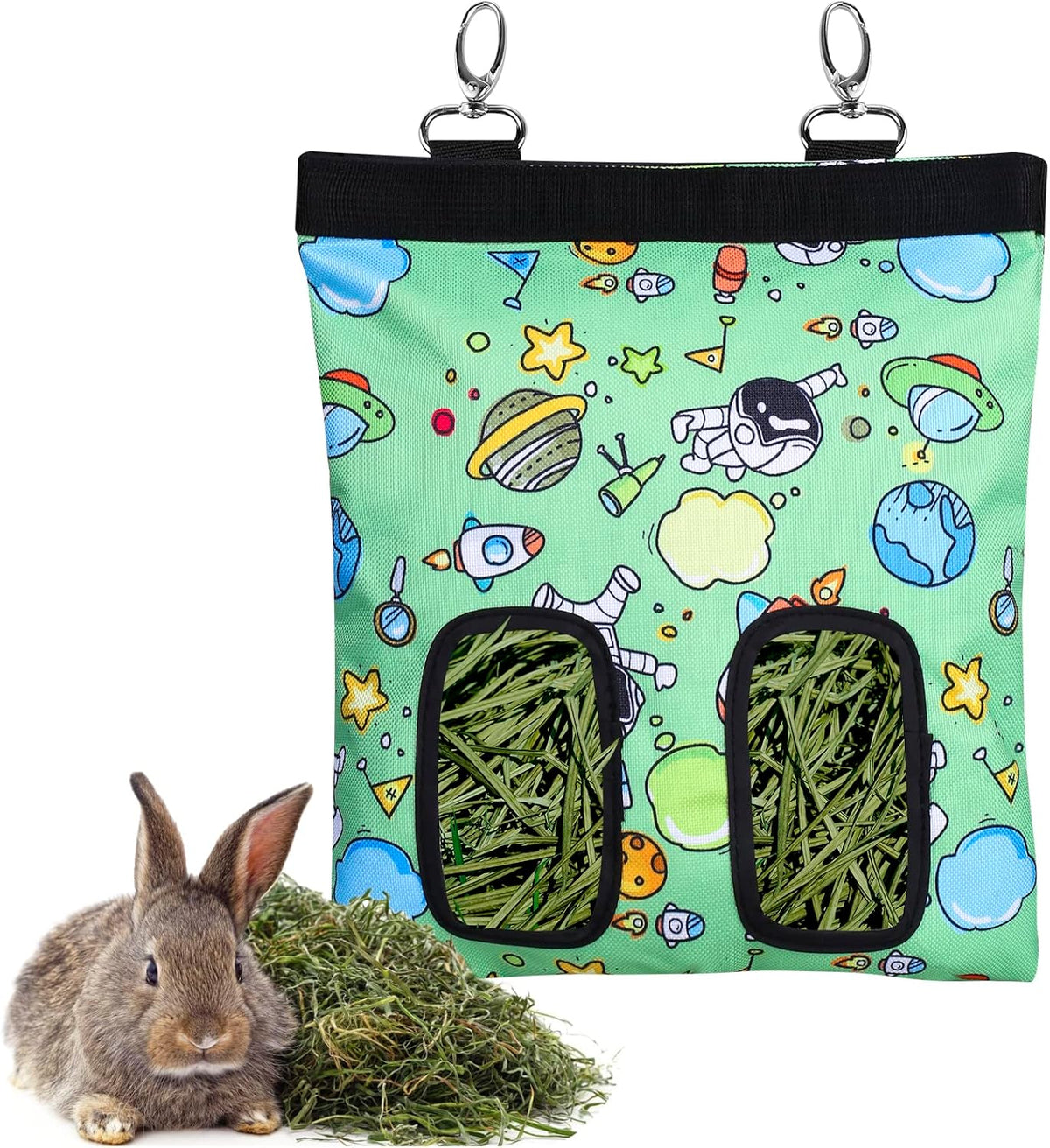 Rabbit Hay Feeder Bag Hanging Hay Rack – Essentials for Small Pets - 2 Windows / Pattern Green