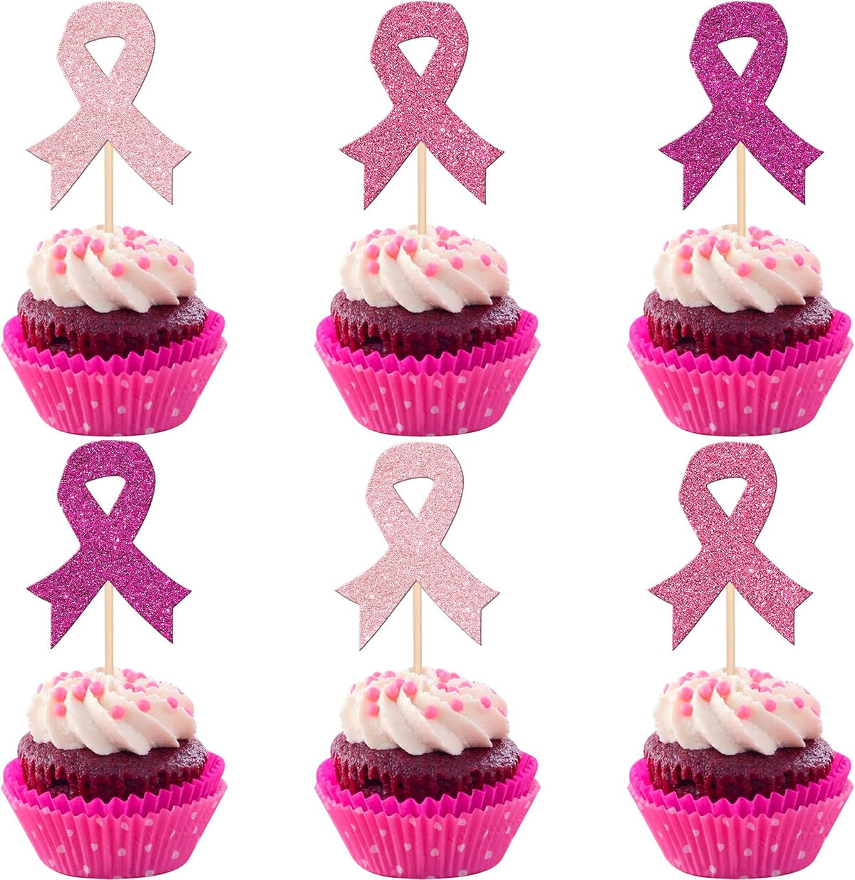 24 PCS Ribbon Breast Cancer Awareness Cupcake Toppers Glitter Pink - Design 5 Colorful