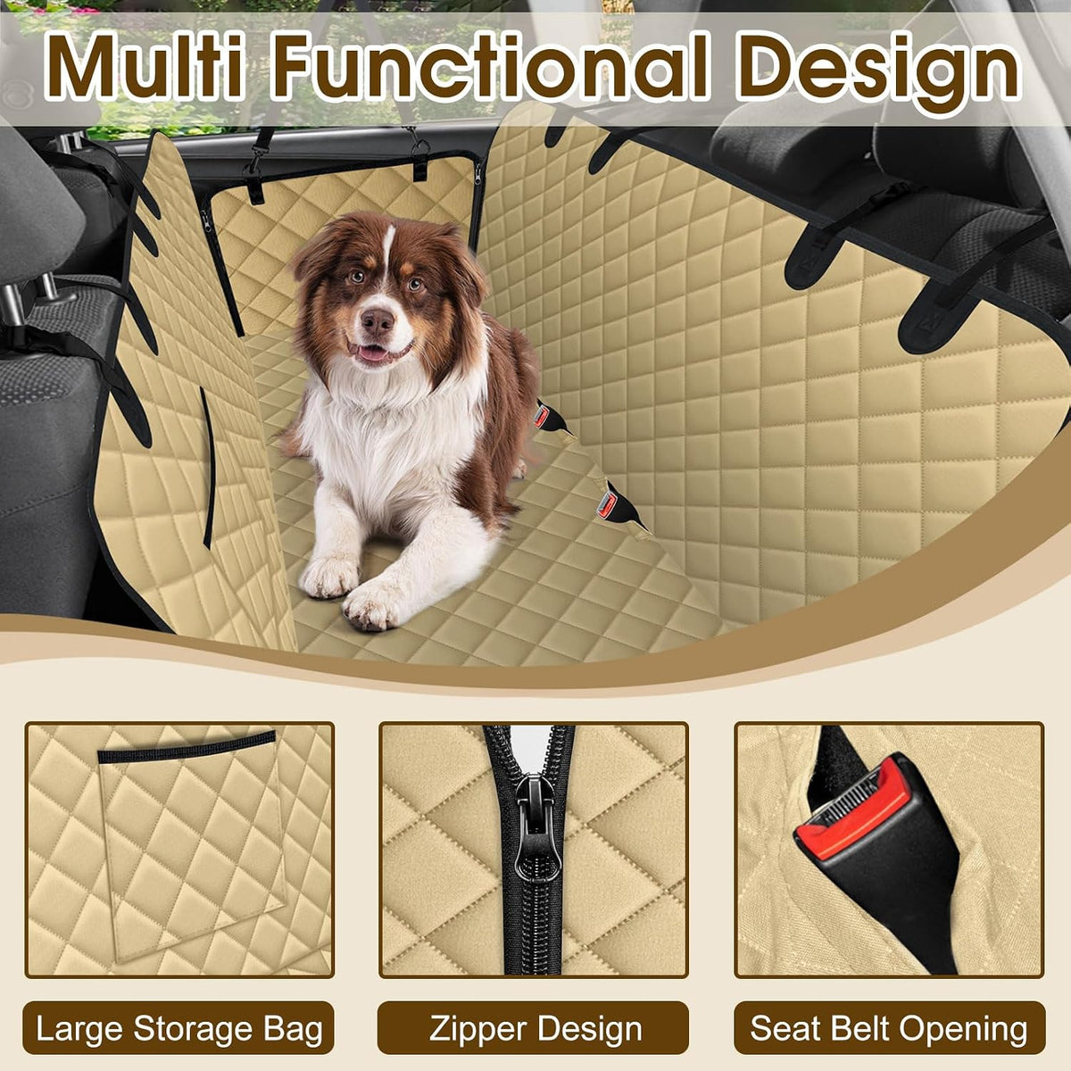 Waterproof Dog Car Seat Cover for Back Seat, Pet Hammock, L - Khaki,Black / Large,Standard - image 3
