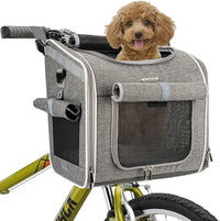 Dog Bike Basket, Expandable Soft-Sided Pet Carrier Backpack with 4 Open Doors, 4 Mesh Windows - Grey-Fits 10-18 Lbs