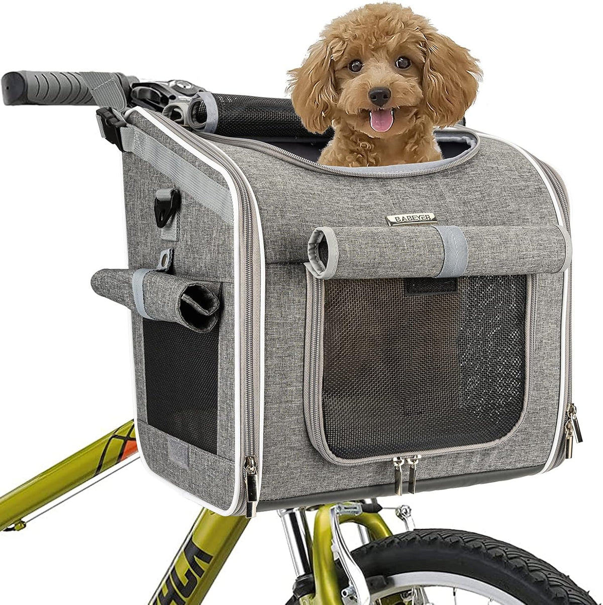 Dog Bike Basket, Expandable Soft-Sided Pet Carrier Backpack with 4 Open Doors, 4 Mesh Windows - Grey-Fits 10-18 Lbs