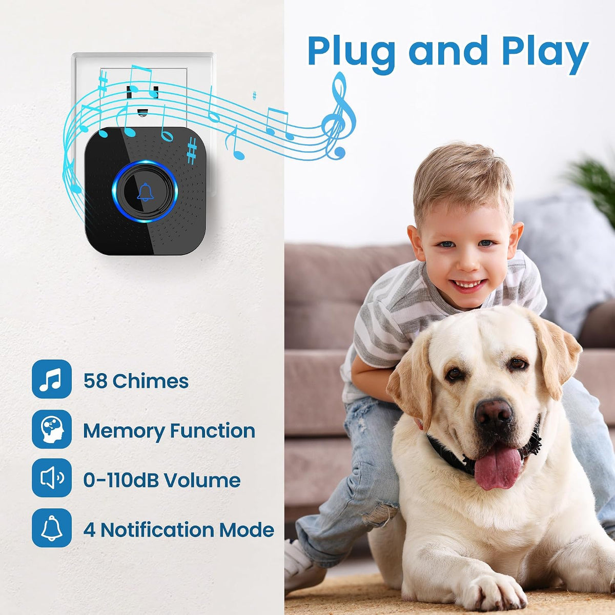 Wireless dog doorbell with touch button and plug-in receiver, 58 melodies and 1000 ft range - view 3