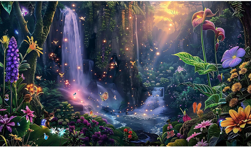 Fantasy Garden Aquarium Background Sunset Waterfall and Flowers - 48(W)x20(H)in / Purple