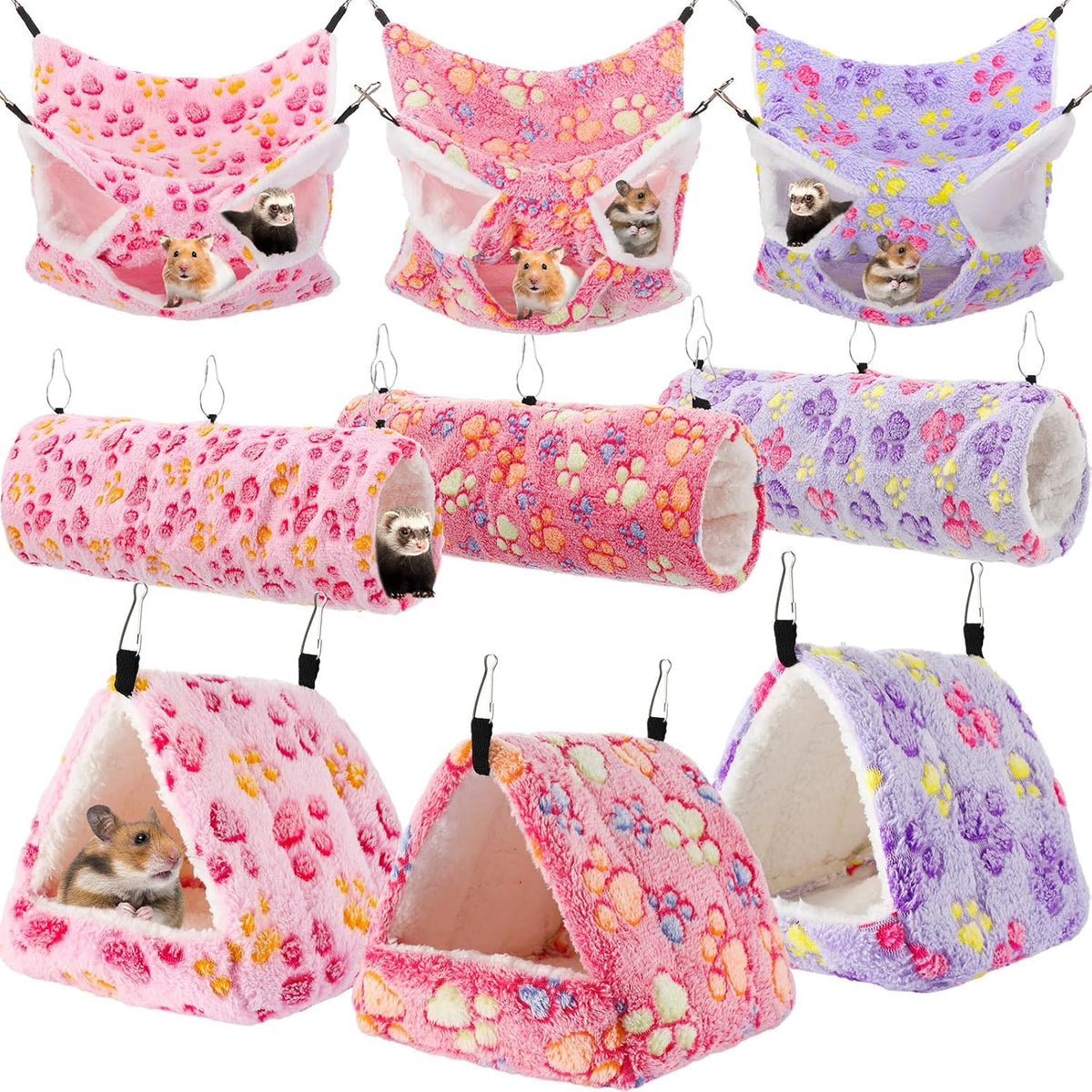 Abbylike 9 Pieces Rat Hammock 3 Tier Guinea Pig Ferret Hammocks Small - Purple, Pink, Rose Red / Paw