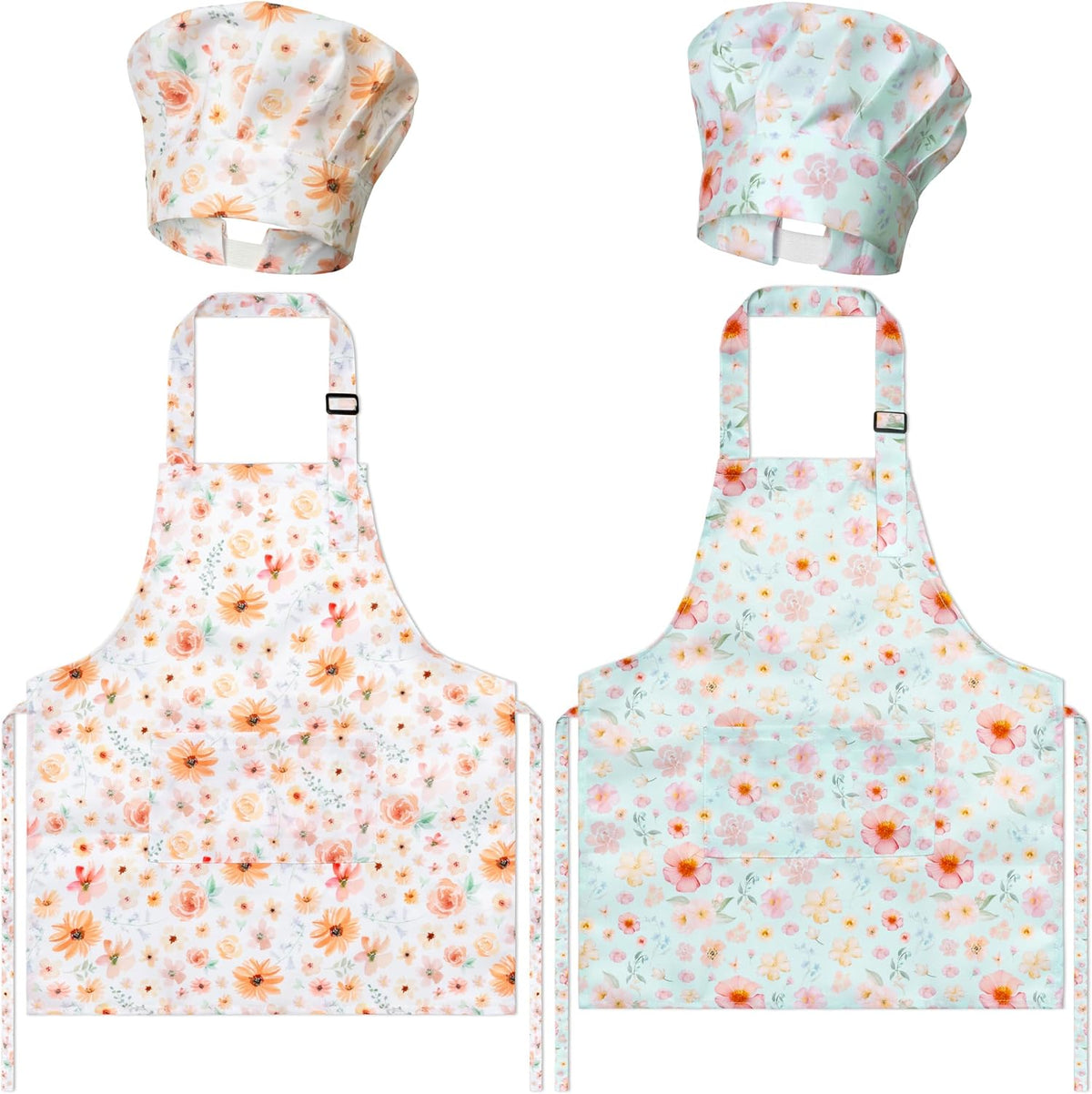 4Pcs Kids Apron and Chef Hat Set Gift for Girls Boys - Floral