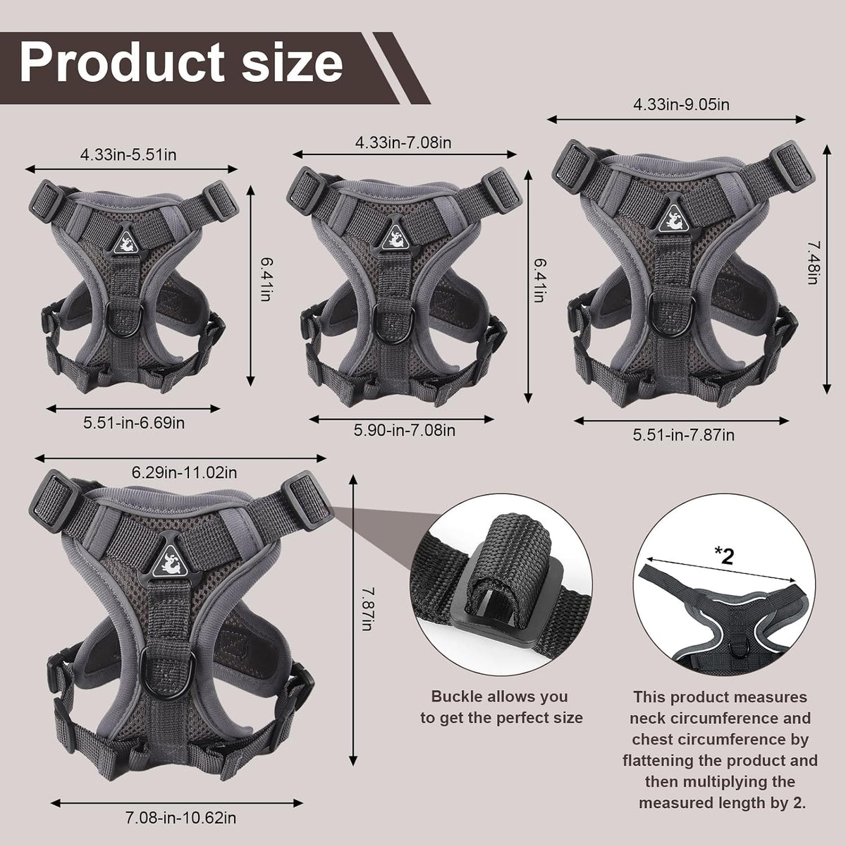 Wanheart cat Chest Harness and Leash - grey / L:11.02-16.5lb - image 2