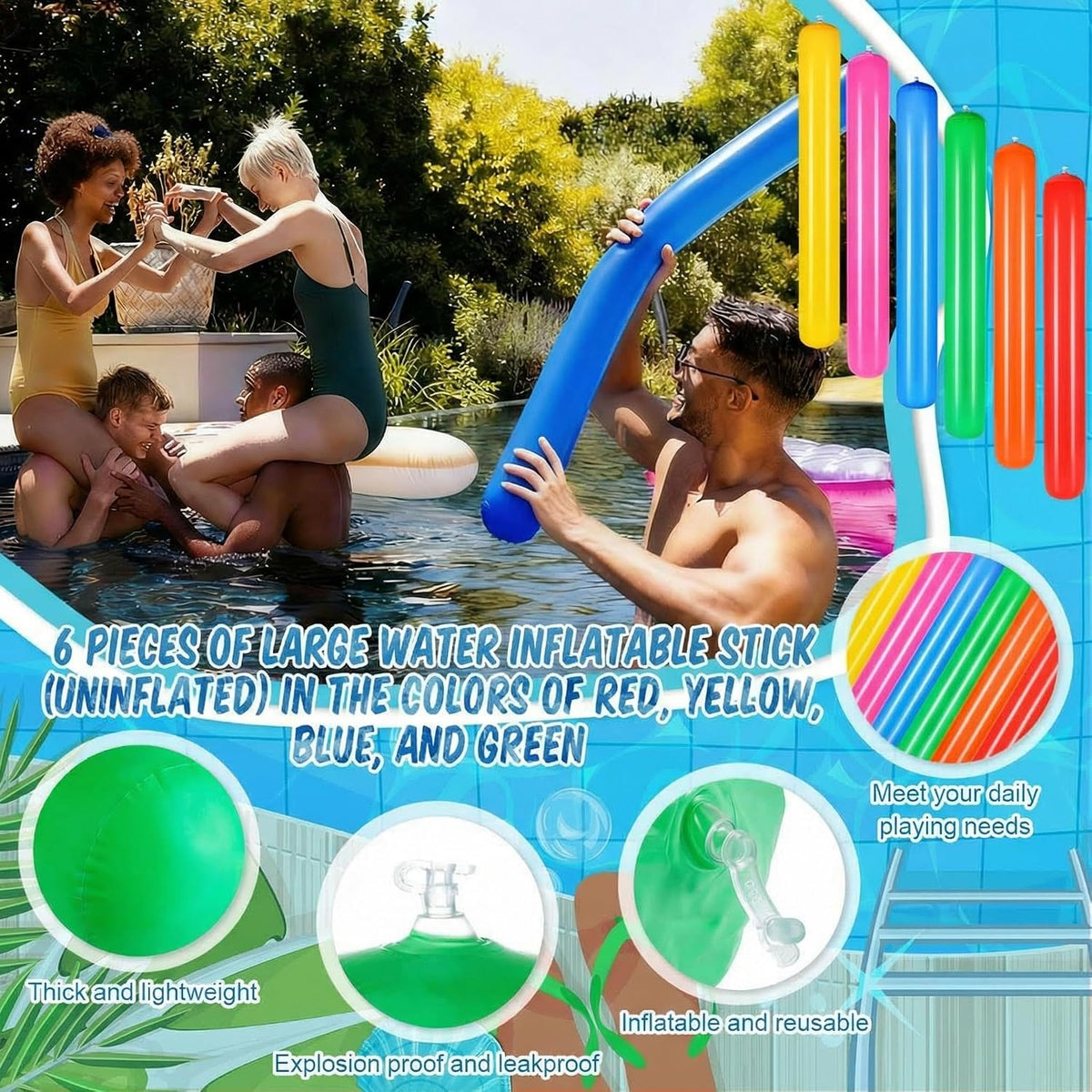 Sosation six inflatable pool noodles in red, yellow, blue, orange, green and pink - view 3