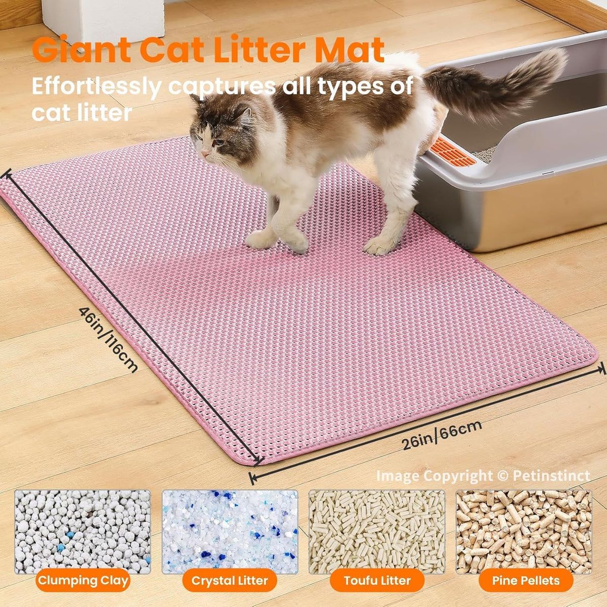 Cat Litter Mat, Double Layer Honeycomb Litter Box Mat – Daily Care for Cats - 46x26 Inches / Pink - image 2